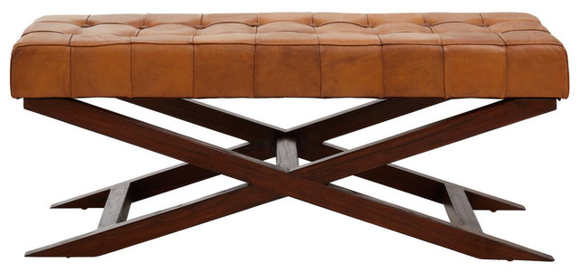 Premier Housewares Inca Brown Leather Bench With Cedarwood Base