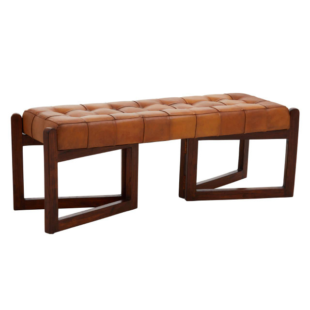 Premier Housewares Inca Brown Leather Bench With Wooden Base