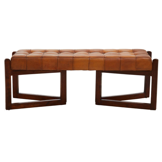 premier housewares Inca Brown Leather Bench With Wooden Base