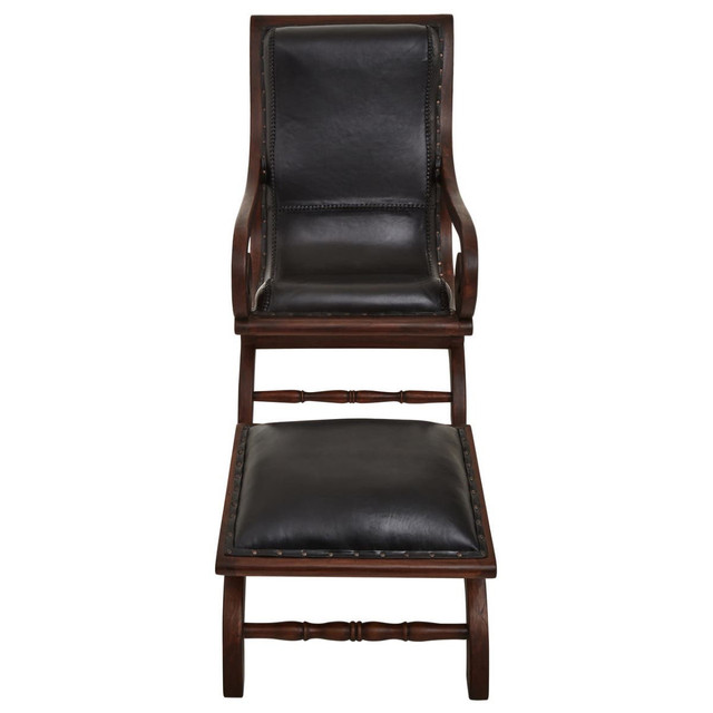 Premier Housewares Inca Genuine Black Leather And Teak Lounge Chair With Footstool