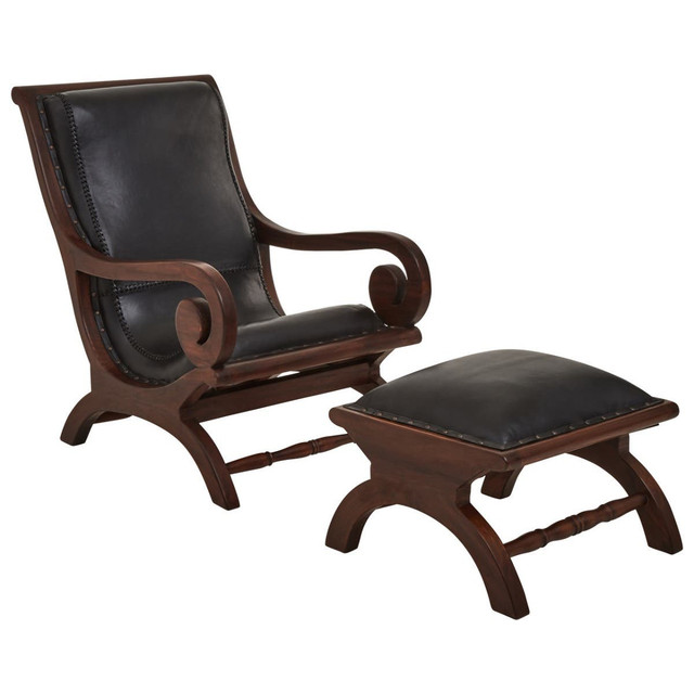 premier housewares Inca Genuine Black Leather and Teak Lounge Chair with Footstool