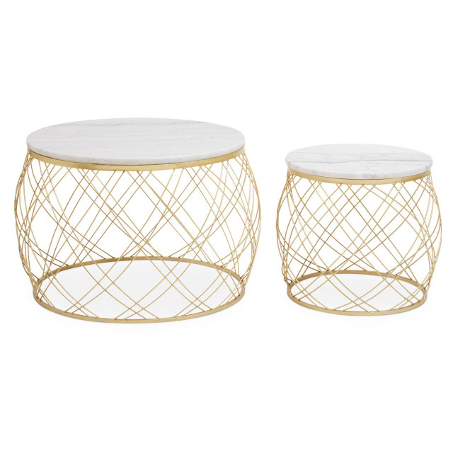 Premier Housewares Jodie Set Of Two Side Tables With White Marble Top And Gold Frame
