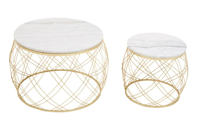 Premier Housewares Jodie Set Of Two Side Tables With White Marble Top And Gold Frame