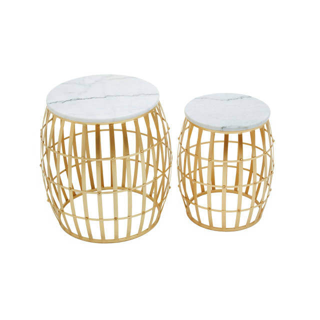 Premier Housewares Jolie Set Of Two Round Table With White Marble Top And Gold Frame