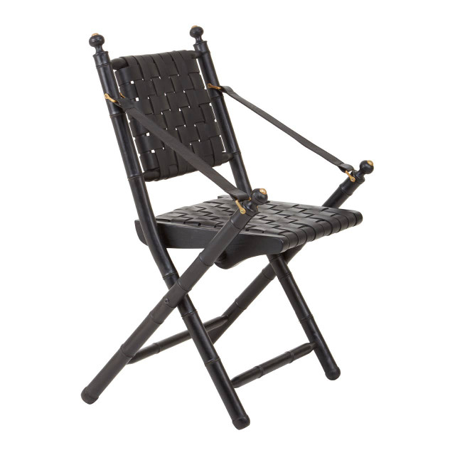 Premier Housewares Kendari Black Strapped Leather And Black Teak Wood Chair