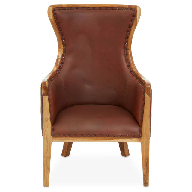 Premier Housewares Kendari Brown Cow Leather And Teak Wood Frame Chair