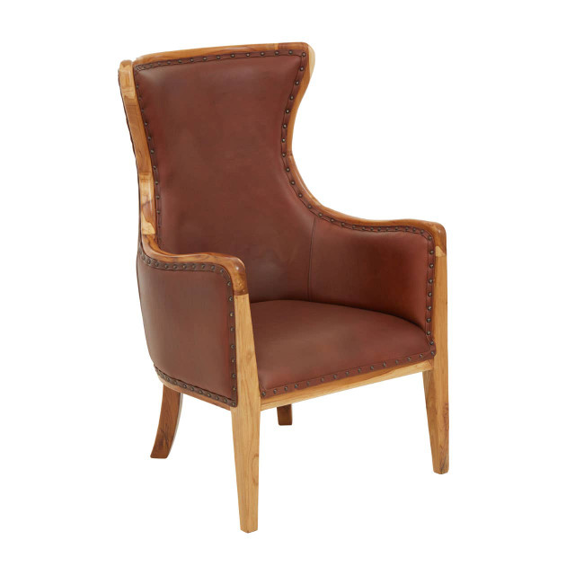 Premier Housewares Kendari Brown Cow Leather And Teak Wood Frame Chair
