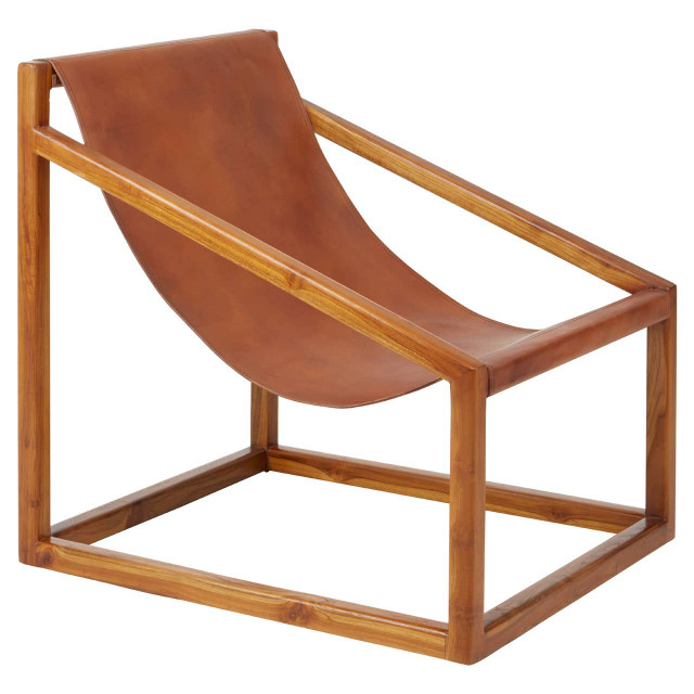 Premier Housewares Kendari Brown Leather And Teak Wood Sling Chair