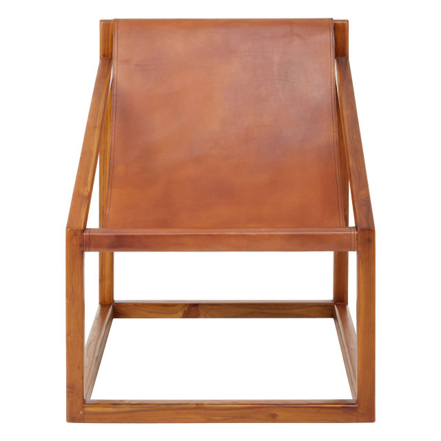 premier housewares Kendari Brown Leather and Teak Wood Sling Chair