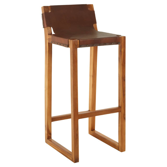 Premier Housewares Kendari Brown Leather Bar Chair With Teak Wood Frame