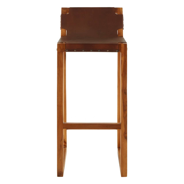 Premier Housewares Kendari Brown Leather Bar Chair With Teak Wood Frame