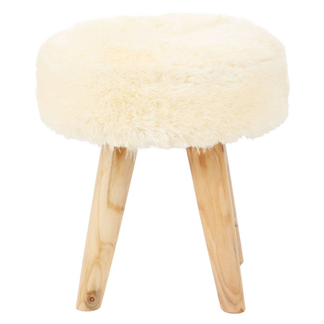 Premier Housewares Kendari Cream Faux Fur And Teak Wood Stool