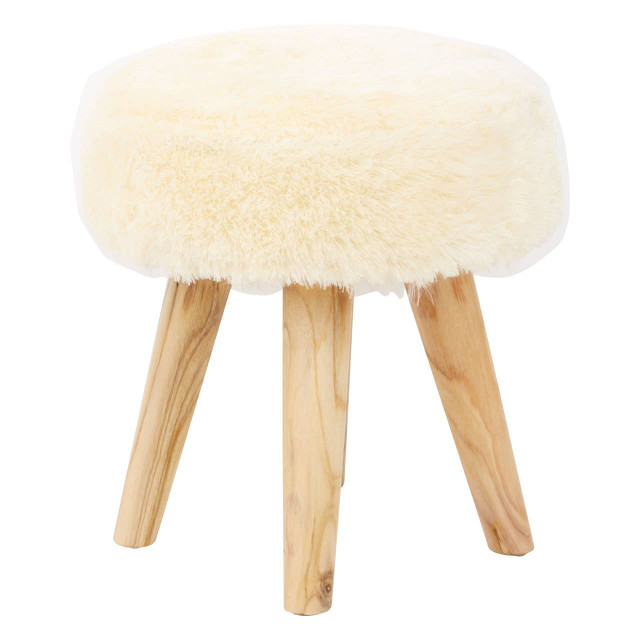 Premier Housewares Kendari Cream Faux Fur And Teak Wood Stool