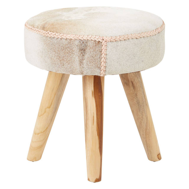 Premier Housewares Kendari Hair On Leather And Teak Stool