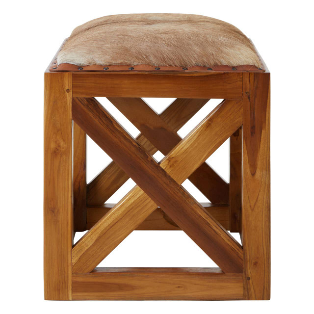 Premier Housewares Kendari Hair On Leather And Teak Wood Square Stool