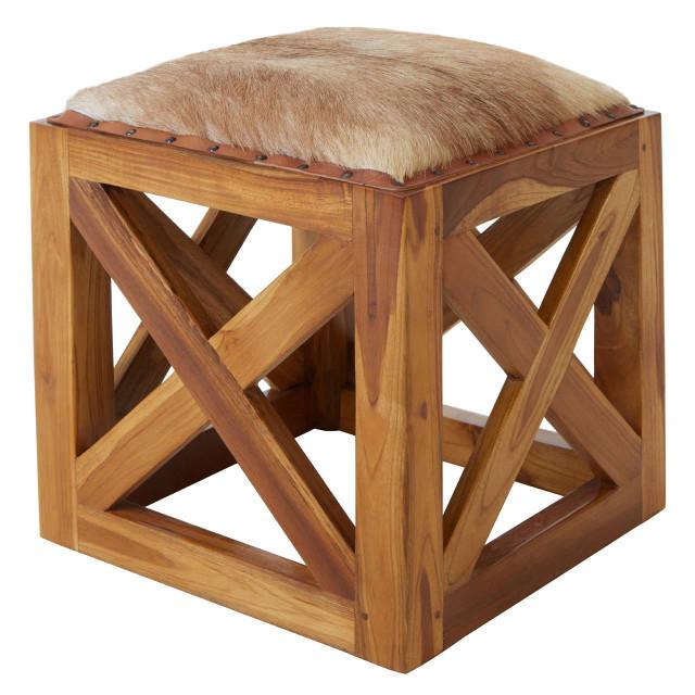 Premier Housewares Kendari Hair On Leather And Teak Wood Square Stool