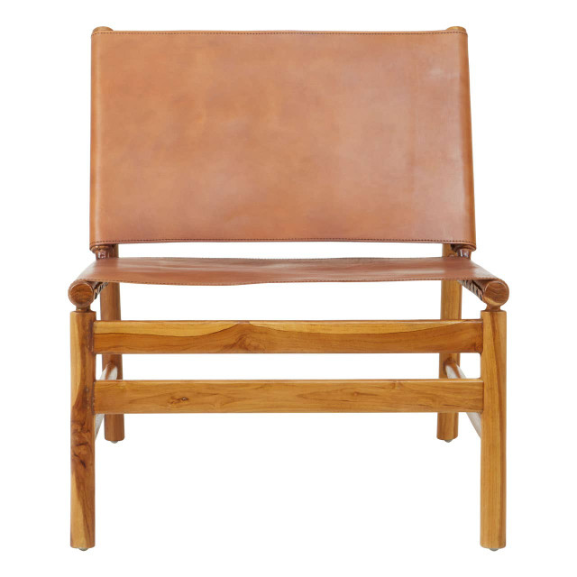 Premier Housewares Kendari Teak Wood And Brown Leather Chair