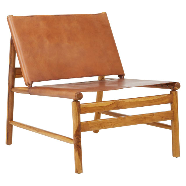 Premier Housewares Kendari Teak Wood And Brown Leather Chair
