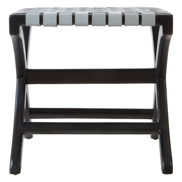 Premier Housewares Kendari Woven Grey Leather And Black Teak Stool