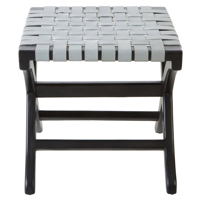 Premier Housewares Kendari Woven Grey Leather And Black Teak Stool