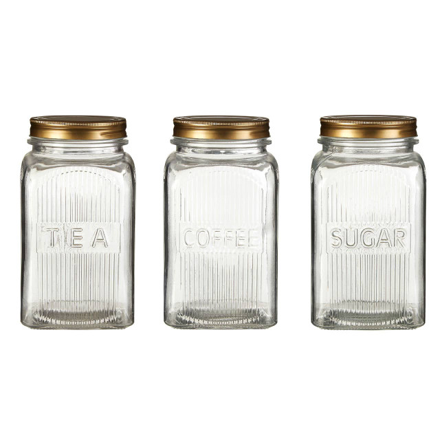 premier housewares Luca Set of Three Glass Jars with Gold Finish Lids