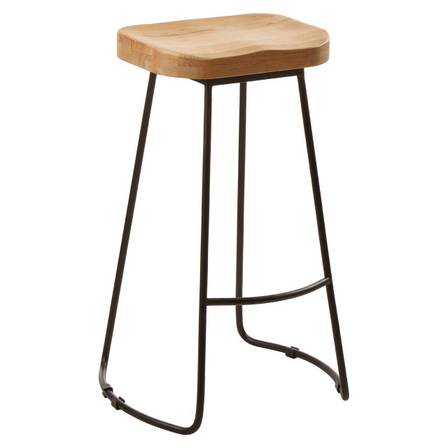 Premier Housewares Lyon Oak Wood And Black Metal Bar Stool