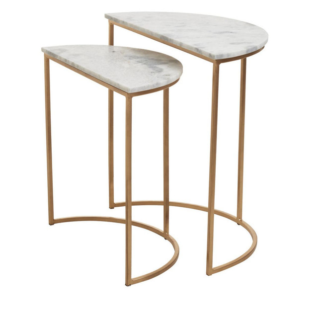 Premier Housewares Mandoli Nest Of 2 White Marble Top Semicircular Side Tables