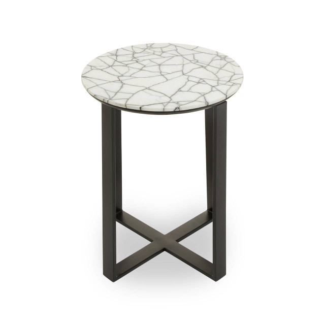 Premier Housewares Marmara Marble Top Side Table With Black Iron Stand