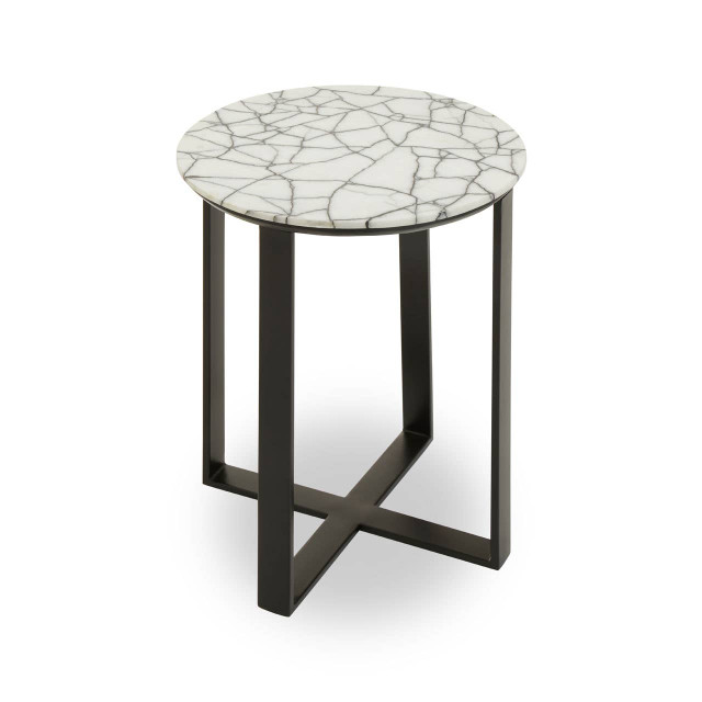 Premier Housewares Marmara Marble Top Side Table With Black Iron Stand