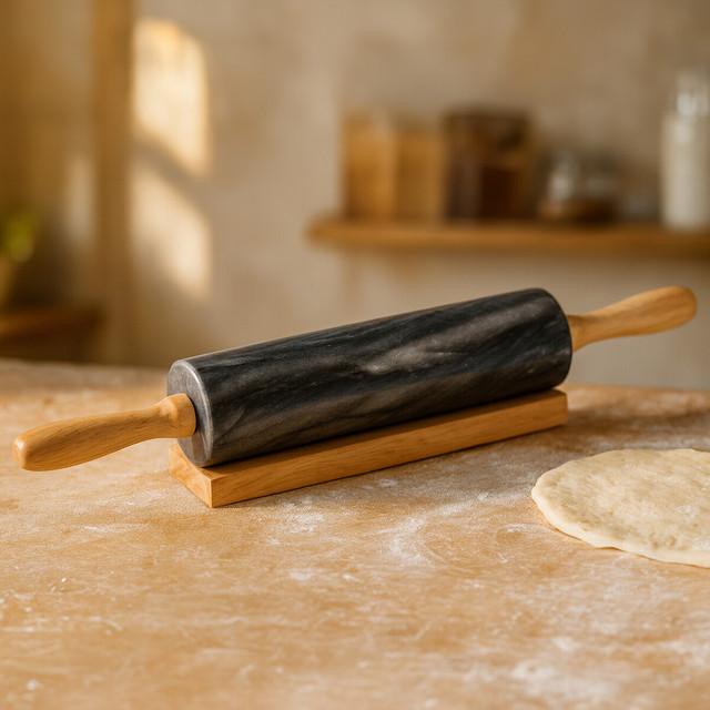 Premier Housewares Marmore Black Marble Rolling Pin With Wooden Handles