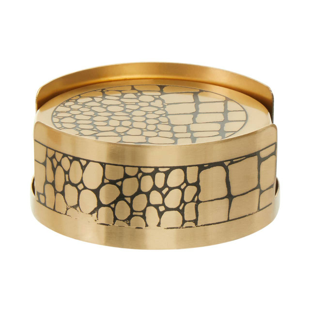 Premier Housewares Meko Set Of 4 Gold Finish Croc Pattern Coasters And Holder