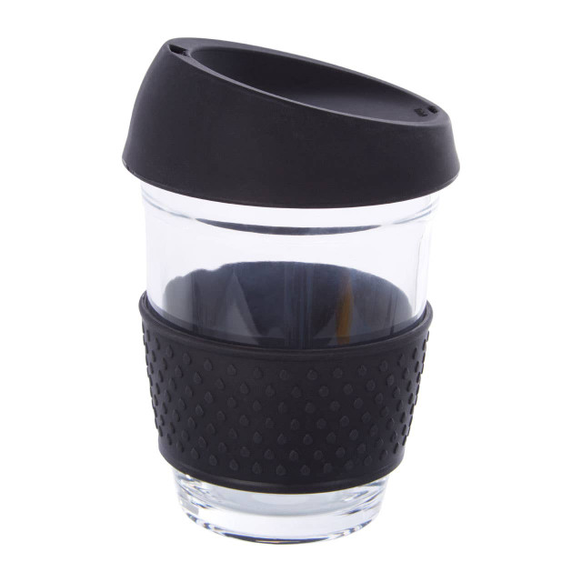 Premier Housewares Mimo Glass Mug With Black Silicone Band Lid