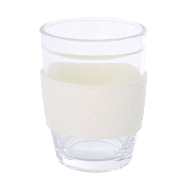 Premier Housewares Mimo Glass Mug With Cream Silicone Band Lid