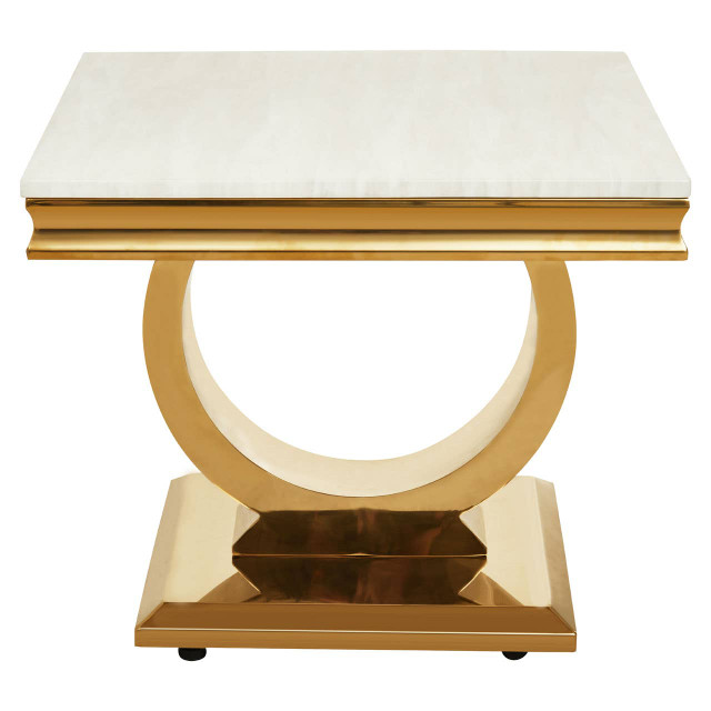 premier housewares Moda Ivory White Faux Marble Side Table With Stainless Steel Base