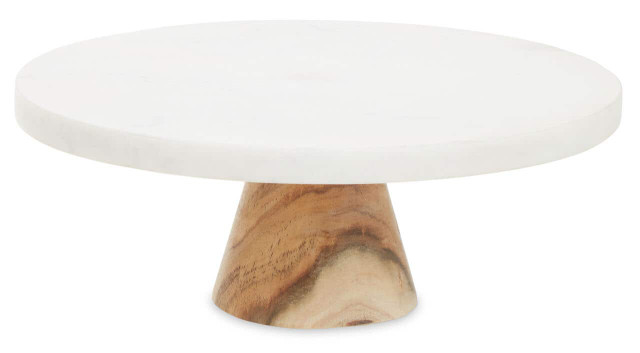 premier housewares Monzaro Round White Marble And Acacia Wood Cake Stand