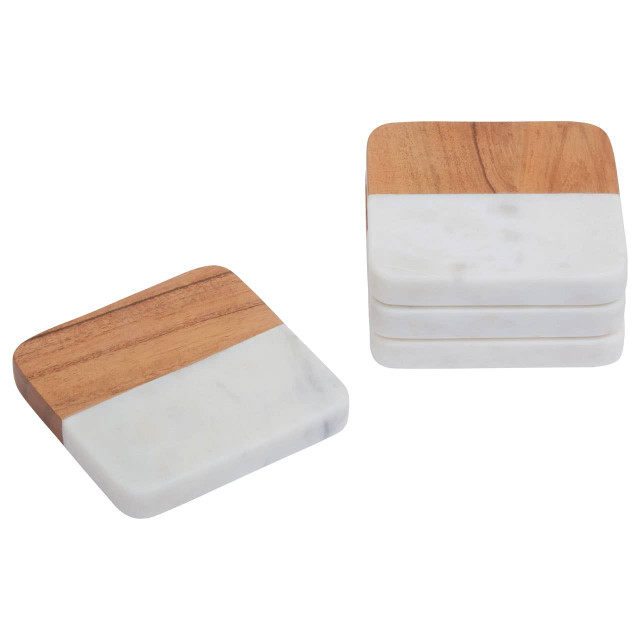 Premier Housewares Monzaro Set Of Four Marble And Acacia Wood Coasters