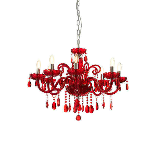 Premier Housewares Murano 8 Bulb Chrome And Red Crystal Glass Chandelier