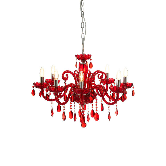 premier housewares Murano 8 Bulb Chrome And Red Crystal Glass Chandelier