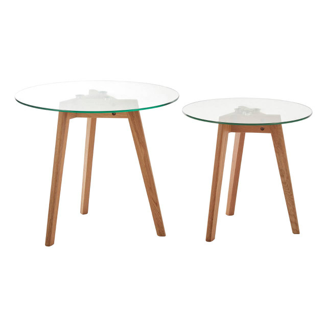 Premier Housewares Nostra Set Of Two Glass Top Oak Wood Base Side Tables
