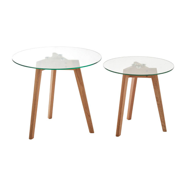 Premier Housewares Nostra Set Of Two Glass Top Oak Wood Base Side Tables