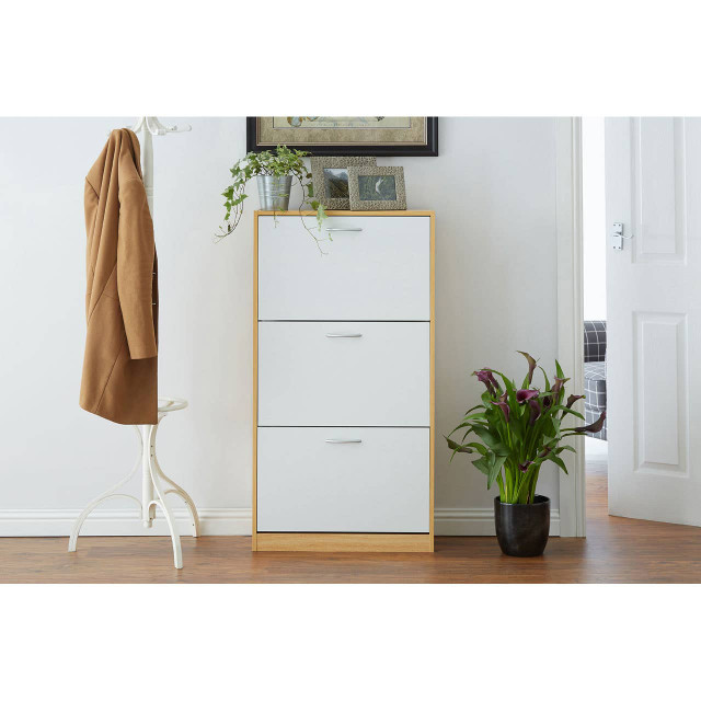Premier Housewares Quinn White And Oak Veneer 3 Drawer Shoe Cupboard