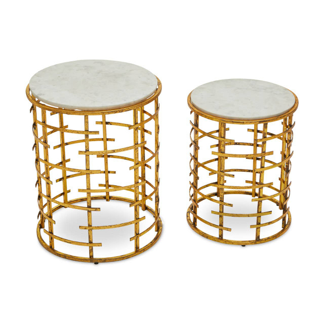 Premier Housewares Rabia Gold Set Of 2 Round Tables With With Marble Top