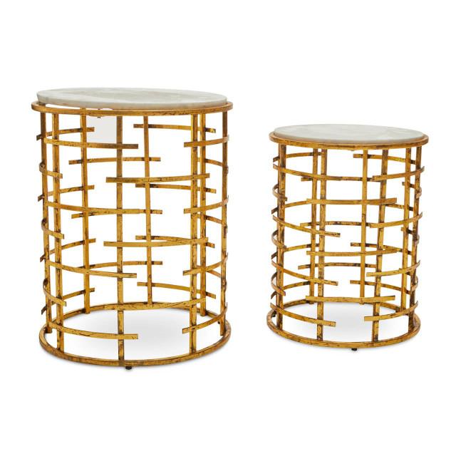 Premier Housewares Rabia Gold Set Of 2 Round Tables With With Marble Top
