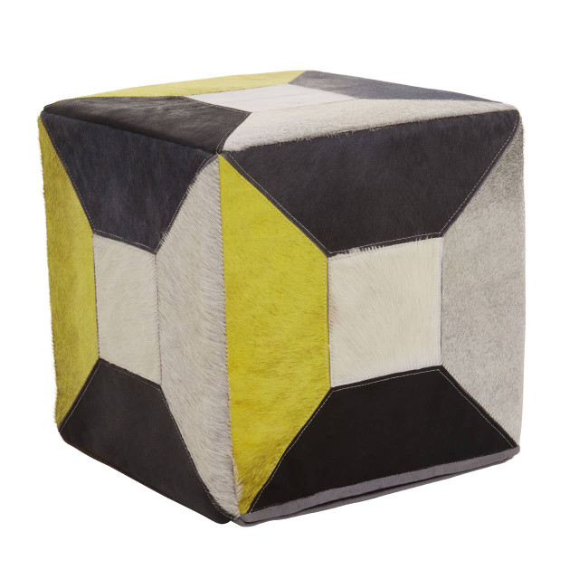 premier housewares Safira Geometric Design Hair on Leather Pouffe