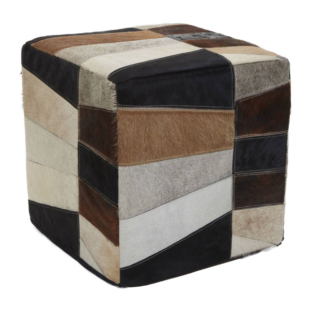 Premier Housewares Safira Hair On Leather Pouffe In Geometric Patchwork Design