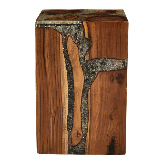 Premier Housewares Sakra Teak Wood And Resin Side Table And Stool