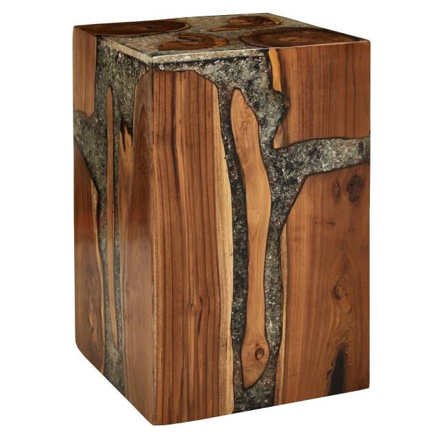 Premier Housewares Sakra Teak Wood And Resin Side Table And Stool