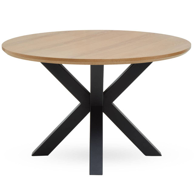 premier housewares Salford Wood Veneer Round Dining Table With Black Metal Legs