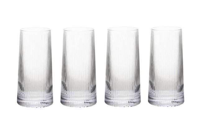 premier housewares Set of Four Eldon Ribbed Clear Hi Ball Glasses MOB Packagaing