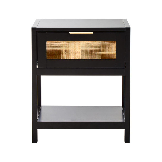 Premier Housewares Sherman Black Wood And Natural Rattan One Drawer Bedside Table